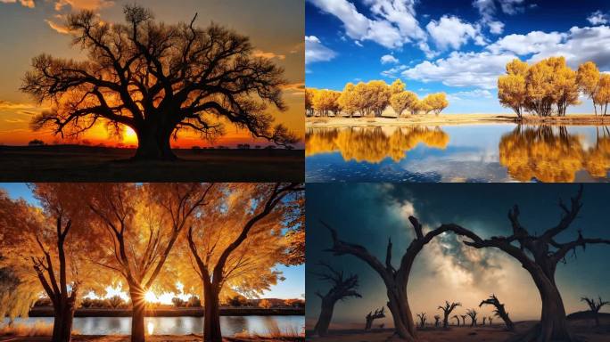 胡杨林秋天金色美景 沙漠千年胡杨林