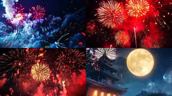 古城古建筑夜景烟花节日氛围庆祝