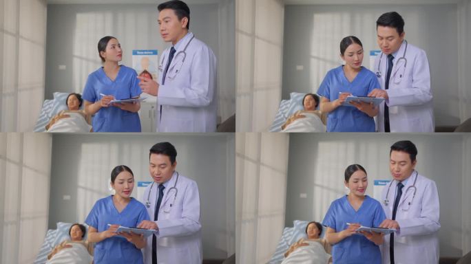 在保健医院病房工作的亚洲专业男医生和护士。有魅力的成熟医生和女助手在门诊对患病的女病人进行治疗后的诊