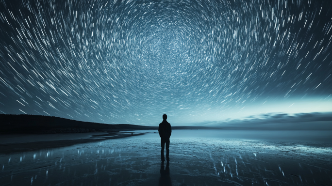 仰望星空宇宙银河夜空破晓人物剪影星轨黎明