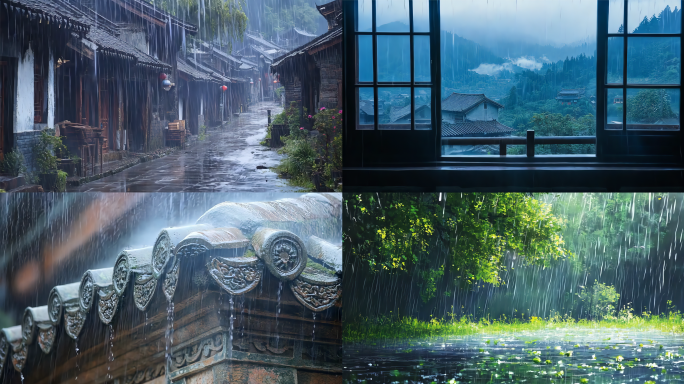 雨水惊蛰谷雨下雨天意境屋檐雨滴中式建筑