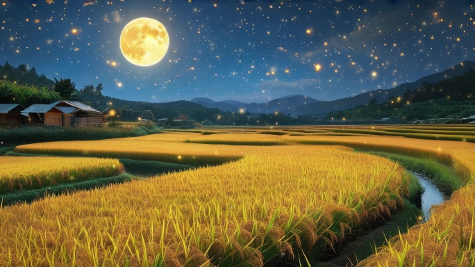 8K丰收季节稻田金黄月圆之夜庆丰收8