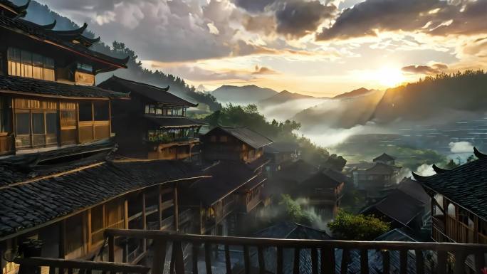 少数民族吊脚楼风光