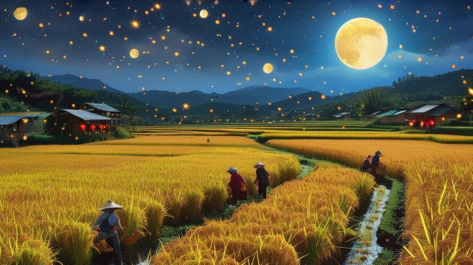 丰收季节稻田金黄月圆之夜庆丰收2