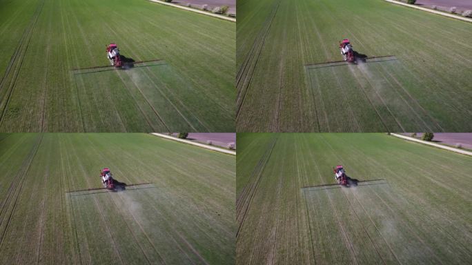 农用机械、拖拉机在田间作业。喷洒有毒化学物质。植物、小麦、大豆、粮食作物病虫害防治。从田间拖拉机无人