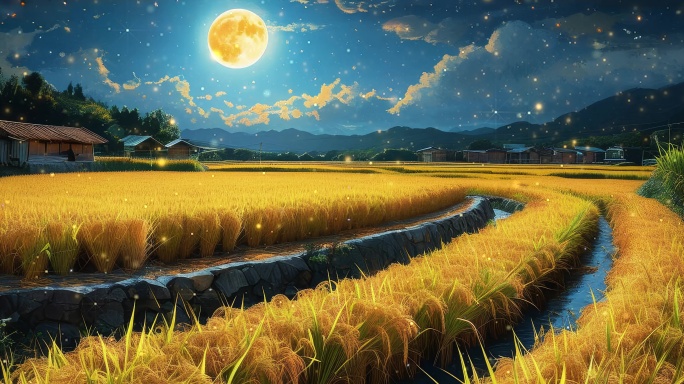 8K丰收季节稻田金黄月圆之夜庆丰收