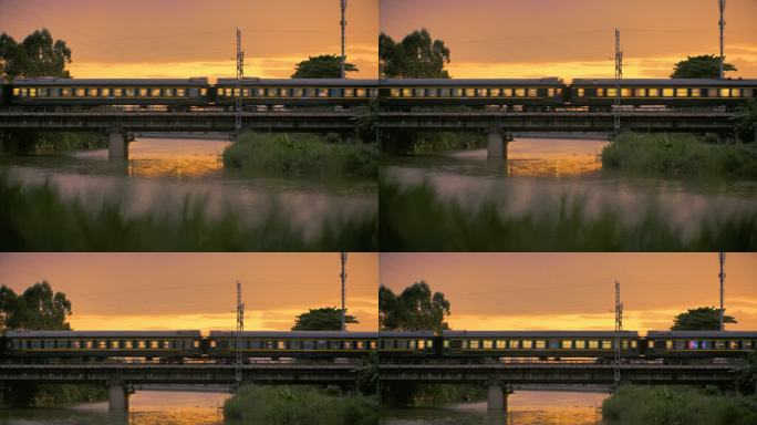 6K夕阳黄昏绿皮火车经过