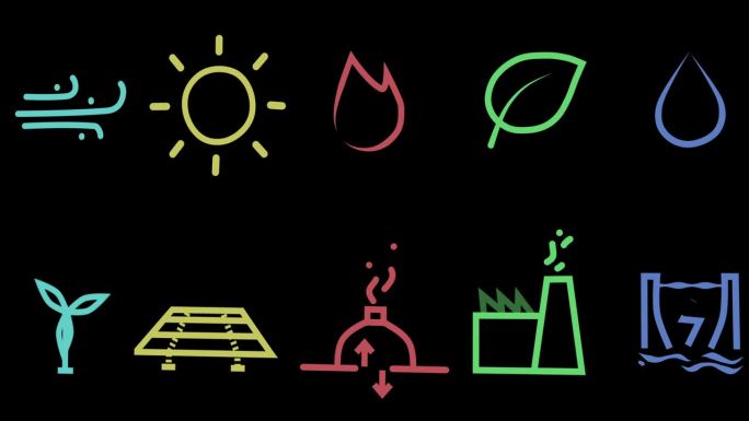 可持续的，绿色能源的图标和过程，为全球环境，生命周期和生态友好的动画链。自然，插图和可再生信息，资源