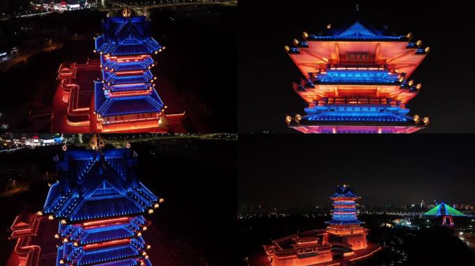 临沂市博物馆书圣阁夜景4K高清航拍原素材