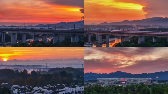 晚霞下高铁驶过山川