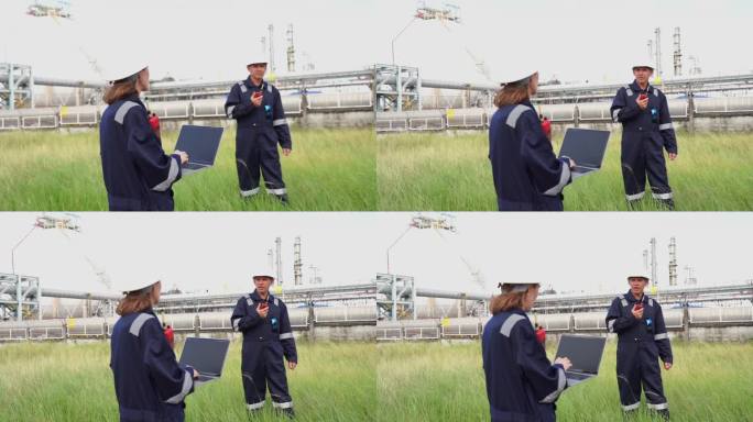 工程师在炼油厂和化工厂工作。高级工程师，穿着安全夹克和个人防护用品，从事石油化工产品进出口工作。原油