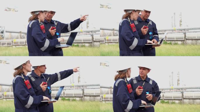 工程师在炼油厂和化工厂工作。高级工程师，穿着安全夹克和个人防护用品，从事石油化工产品进出口工作。原油