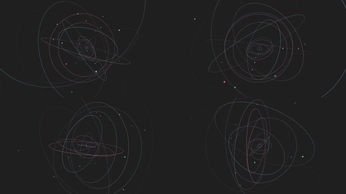 暗背景下的无缝循环抽象原子轨道。象征原子结构和科学概念，用各种圆点表示粒子或星星。