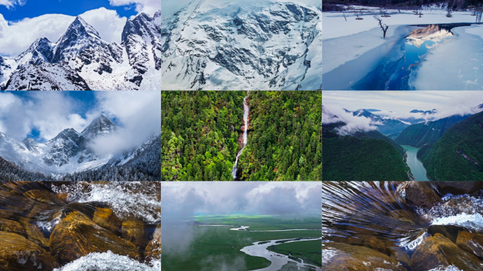 雪山山峰冰川冰雪融化溪流河流泉水森林水源