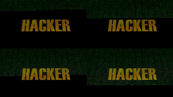 闪烁黄色黑客文本和绿色二进制代码线出现在背景中。电脑屏幕被8位二进制代码入侵。