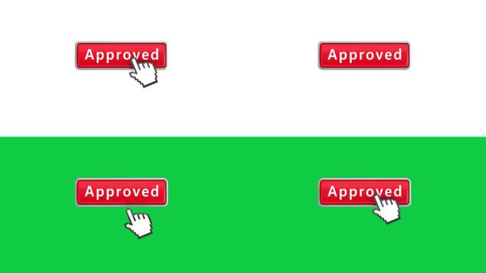 无缝循环运动。批准。红色按钮与点击手光标隔离在白色和绿色的屏幕背景。网页设计图标集。包括亮度和色度键