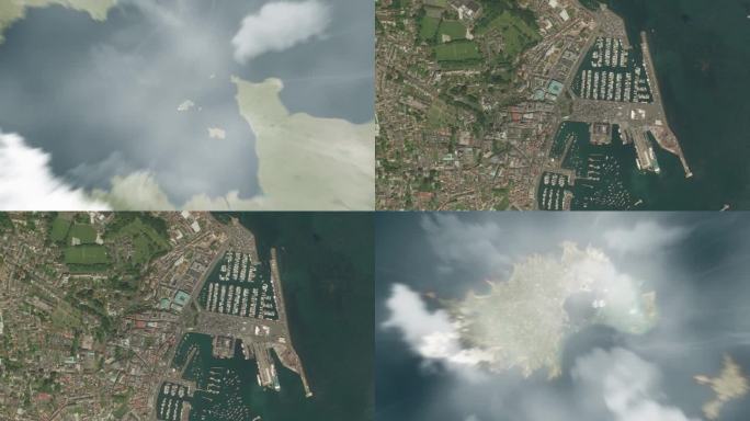 地球从太空放大到圣彼得港，根西港。接着是通过云层和大气层进入太空。卫星的视图。旅游介绍。图片来自Bi