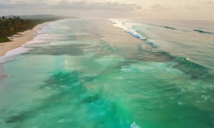 空中俯瞰棕榈树、热带海滩、海浪