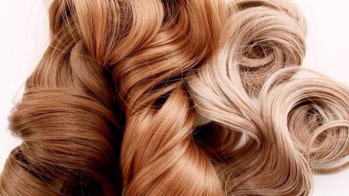 一绺棕色的卷发。闪亮的女人发束，卷发。护发美容美发。天然化妆品。发色调色板。