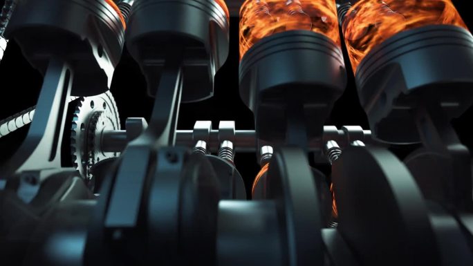 V8汽车引擎内部。活塞，链条和曲轴移动。