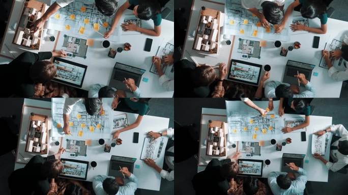 鸟瞰图商务人士对建筑内部进行头脑风暴。营养。