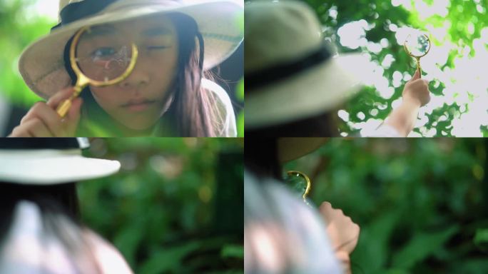 小朋友户外拿放大镜看花草 研究花草小女孩