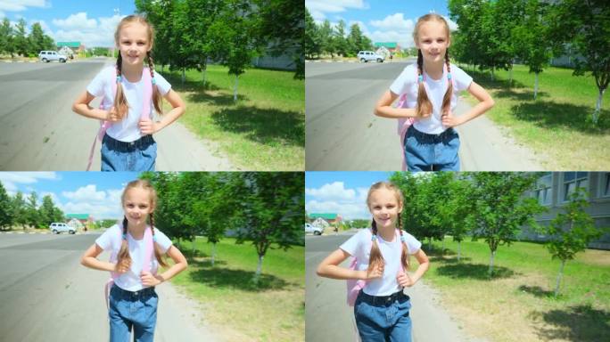 孩子们回到学校。背着书包的可爱小学生。回到学校的概念。