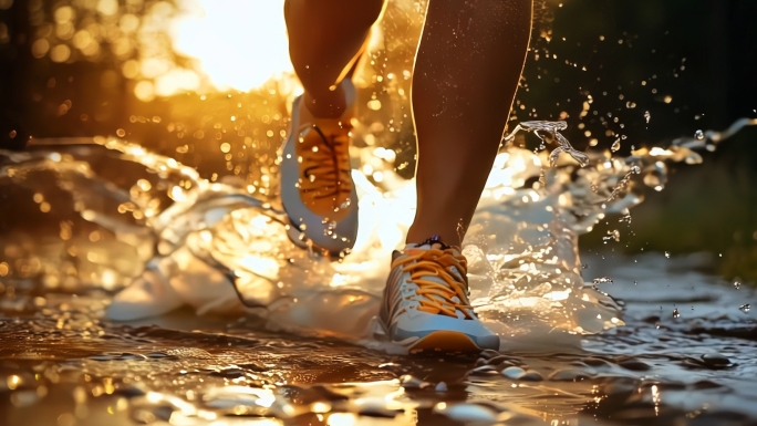 水中奔跑脚步特写唯美傍晚奔跑镜头