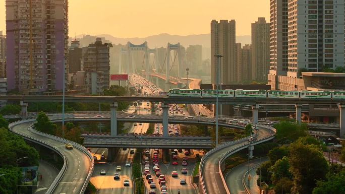 航拍城市立交 早高峰 车流 阳光 单轨