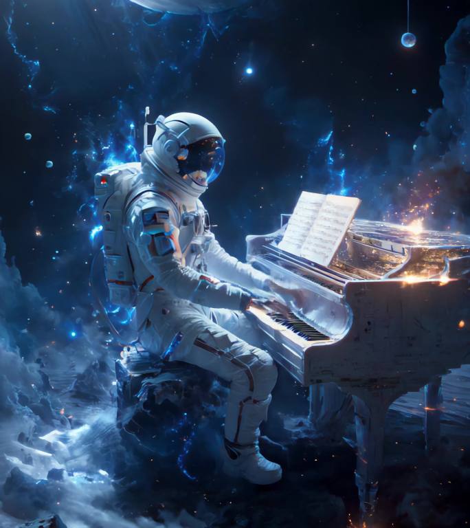 宇宙星球太空宇航员弹钢琴