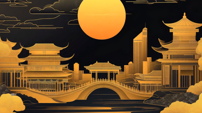 国潮中秋节从古到今LED舞台背景动画金色