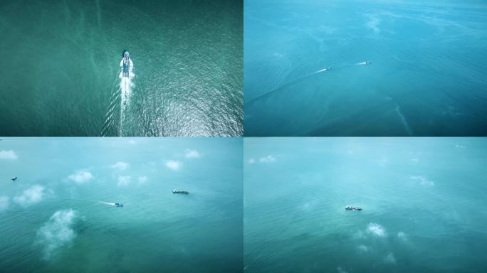 渔船出海捕鱼俯拍渔船深海航行俯视大海轮船