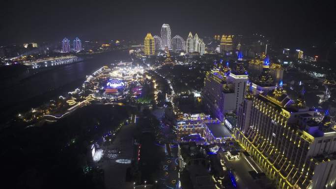 西双版纳景洪告庄城市天际线航拍夜景风光