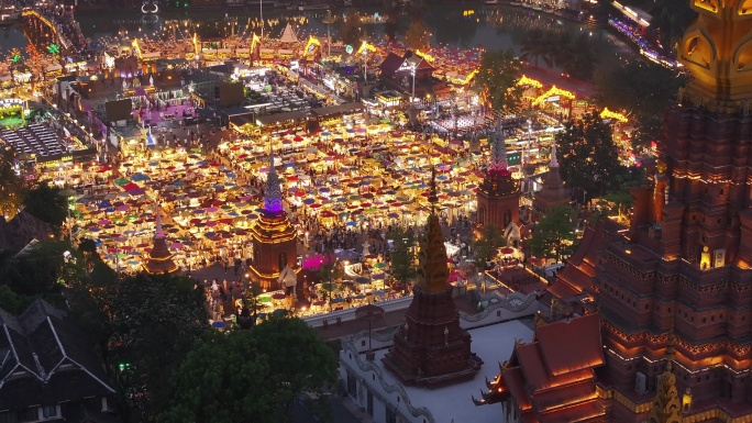 西双版纳景洪告庄星光夜市航拍城市夜景风光