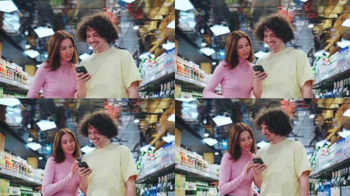 一对快乐的夫妇在一家色彩缤纷的杂货店里愉快地一起购物，一边浏览摆满各种食品的充满活力的货架，一边享受