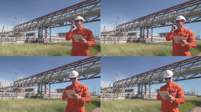 石油、天然气钻探专业的工程师们正在检查工厂和炼油厂周围的施工区域和作业区域周围的天然气和石油液体输送