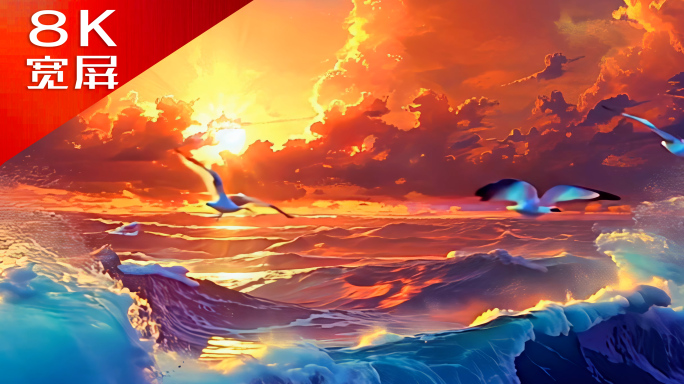 8k宽屏彩色梦幻背景水粉油画日出海浪