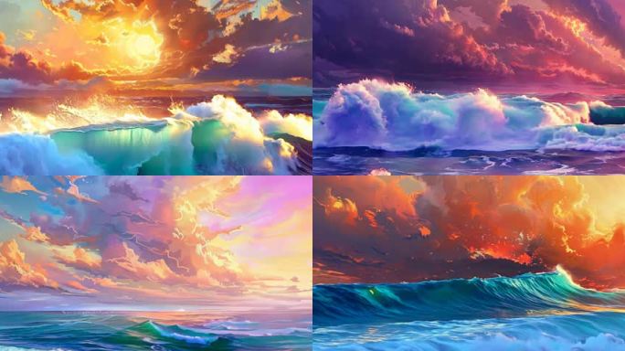 8k宽屏彩色梦幻背景水粉油画日出海浪