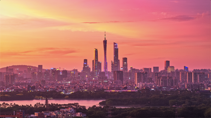 【商用4K】广州全景珠江新城红霞日落