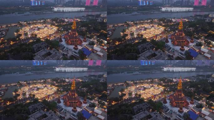 西双版纳景洪告庄星光夜市航拍城市夜景风光