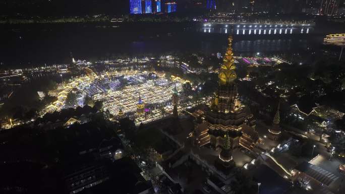 西双版纳景洪告庄星光夜市航拍城市夜景风光