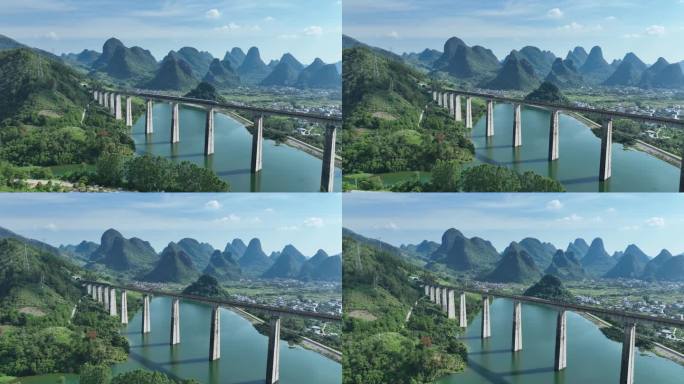 航拍高铁通过水库上的高架桥