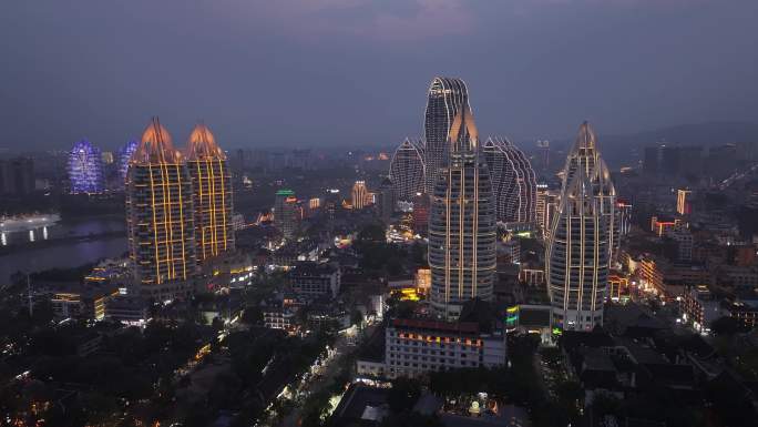 西双版纳景洪告庄城市天际线航拍夜景风光