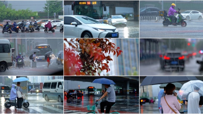 北京暴雨街景城市生活雨天出行
