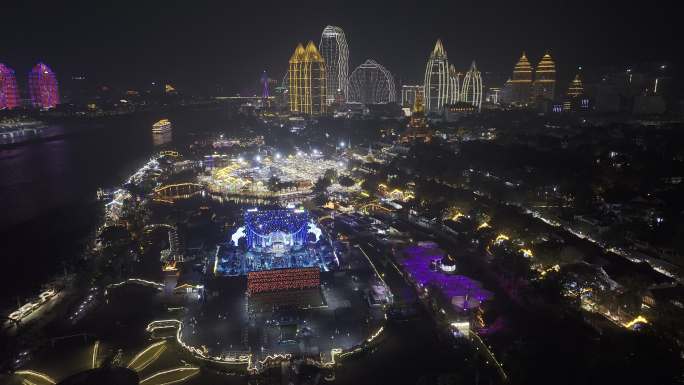 西双版纳景洪告庄城市天际线航拍夜景风光