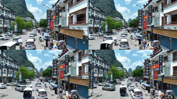 航拍桂林阳朔兴坪古镇街道