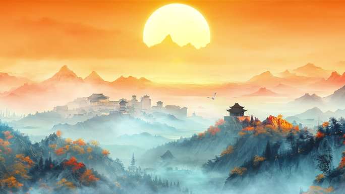 国风夕阳远山