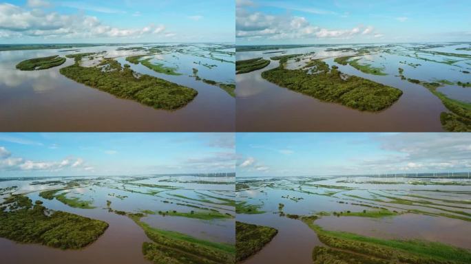 航拍松花江绥滨沿途江面湿地风光