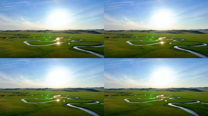 航拍草原蜿蜒河流