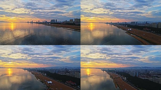 海边沙滩海上日出海面日出朝霞暖调航拍